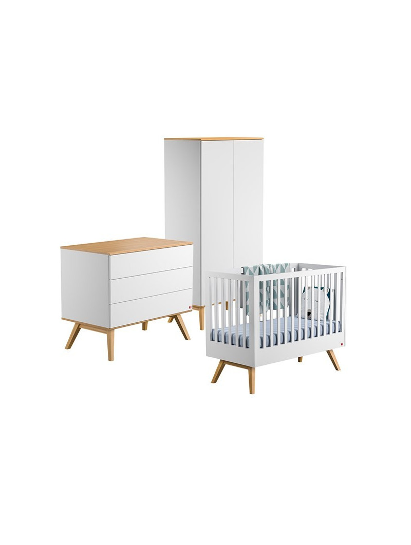Complete 3-piece Children's Bedroom with Wardrobe, Chest of Drawers and Cot 60x120 in white wooden Nature collection by Vox