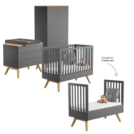 Complete 3-piece Children's Bedroom with Wardrobe, Chest of Drawers and Cot 70x140 in dark grey wooden Nature collection by Vox