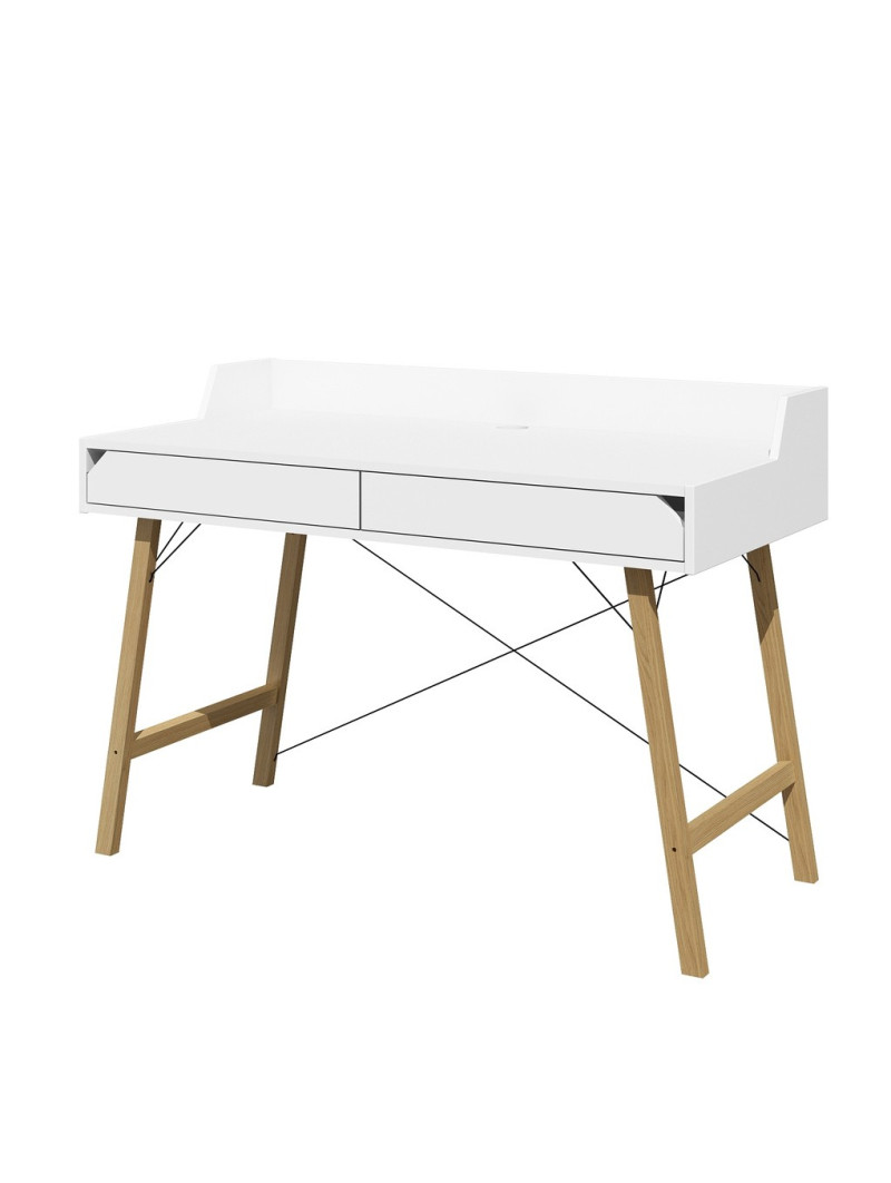 Desk for the children's room in white and oak wood with two large drawers and back edge Lotta by BellAmy