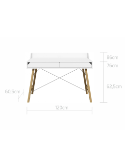 Desk for the children's room in white and oak wood with two large drawers and back edge Lotta by BellAmy