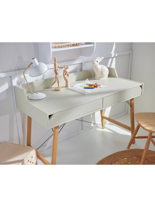 Desk for the children's room in sage green and oak wood with two large drawers and back edge Lotta by BellAmy