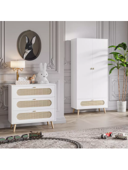 Children's wardrobe 2 door in white wood and rattan Canne collection by VOX
