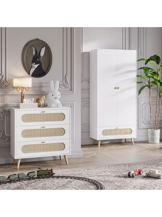Children's wardrobe 2 door in white wood and rattan Canne collection by VOX