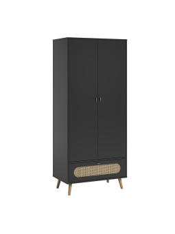 Children's wardrobe 2 door in black wood and rattan Canne collection by VOX