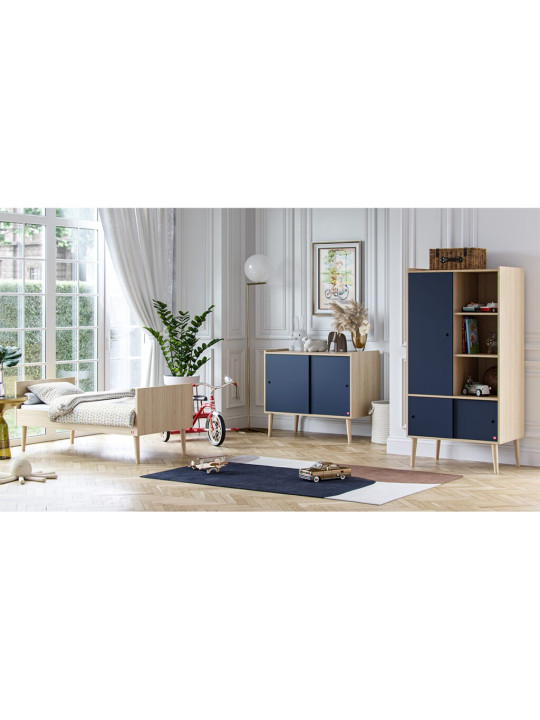 Children's chest of drawers with 2 sliding doors and one large shelf in blue wood Retro collection by VOX
