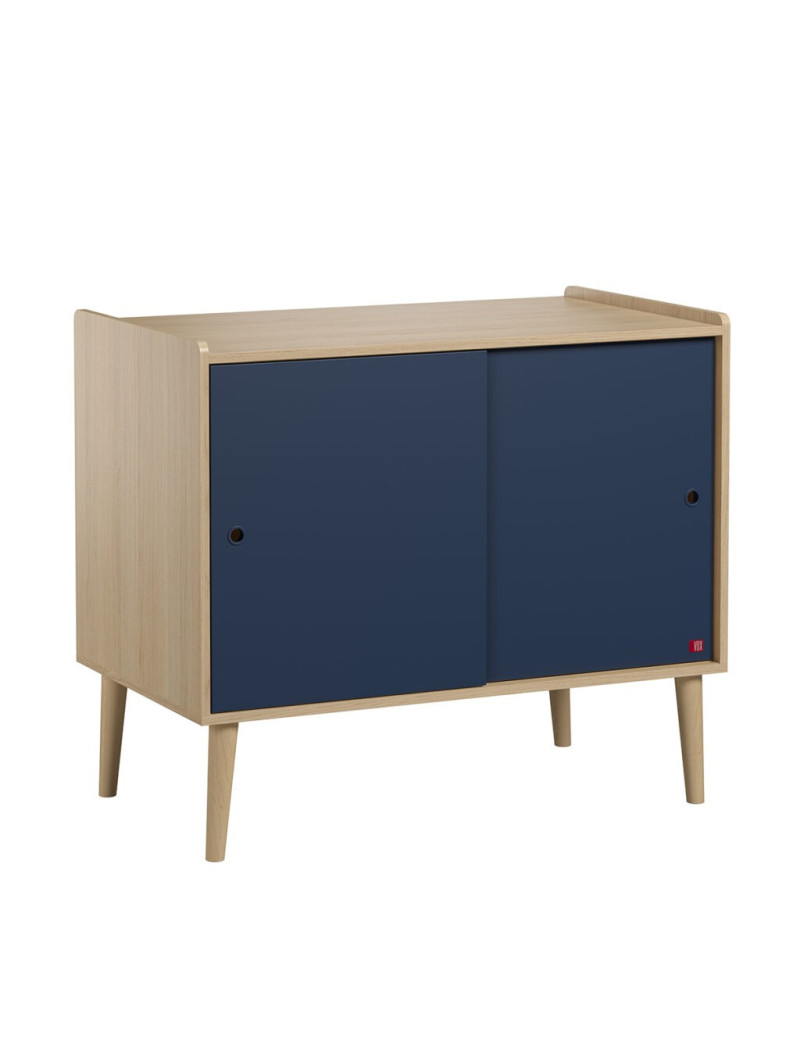 Children's chest of drawers with 2 sliding doors and one large shelf in blue wood Retro collection by VOX