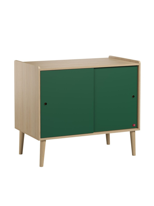 Children's chest of drawers with 2 sliding doors and one large shelf in green wood Retro collection by VOX