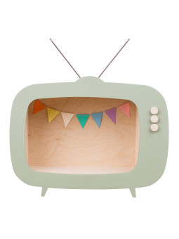 Mensola Ripiano Scaffale a forma di televisione in Legno naturale e verde salvia per Cameretta dei Bambini