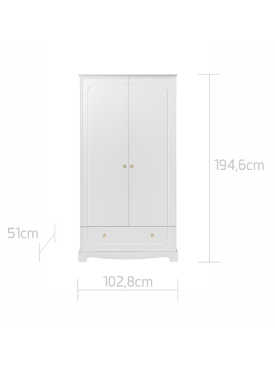 Armadio Guardaroba a due ante per la cameretta dei bambini in legno bianco con cassetto collezione Royal by BellAmy