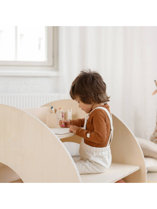 Montessori natural wooden bookcase for children that can also be used as a desk or hiding place to play - Kumpu by Fitwood