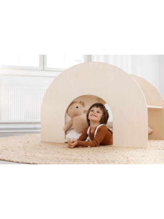 Montessori natural wooden bookcase for children that can also be used as a desk or hiding place to play - Kumpu by Fitwood
