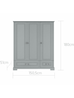 Armadio a 3 ante per la cameretta dei bambini in legno grigio neutro dallo stile classico collezione Ines by BellAmy