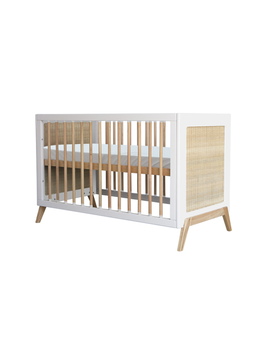 Culla evolutiva Marélia in rattan 60 x 120 bianca con dettagli in legno massello a vista