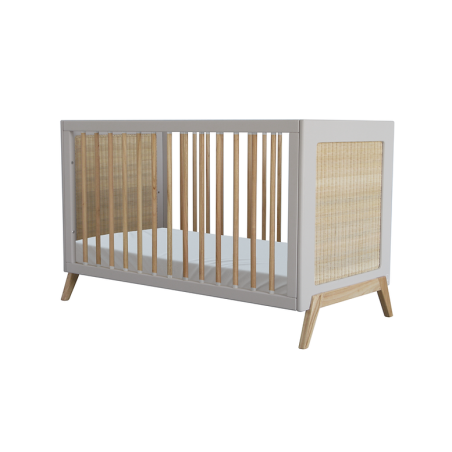 Evolutive Cot Bed in rattan 60x120 cm with solid wood light grey model Marélia by Théo Bébé