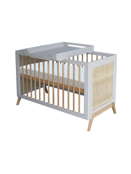 Evolutive Cot Bed in rattan 60x120 cm with solid wood light grey model Marélia by Théo Bébé