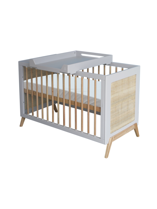 Evolutive Cot Bed in rattan 60x120 cm with solid wood light grey model Marélia by Théo Bébé