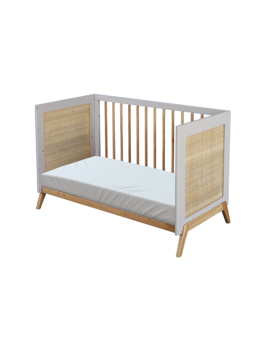 Evolutive Cot Bed in rattan 60x120 cm with solid wood light grey model Marélia by Théo Bébé