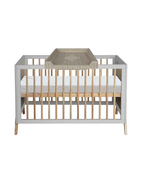 Evolutive Cot Bed in rattan 60x120 cm with solid wood light grey model Marélia by Théo Bébé