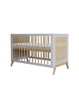 Evolutive Cot Bed in rattan 60x120 cm with solid wood light grey model Marélia by Théo Bébé
