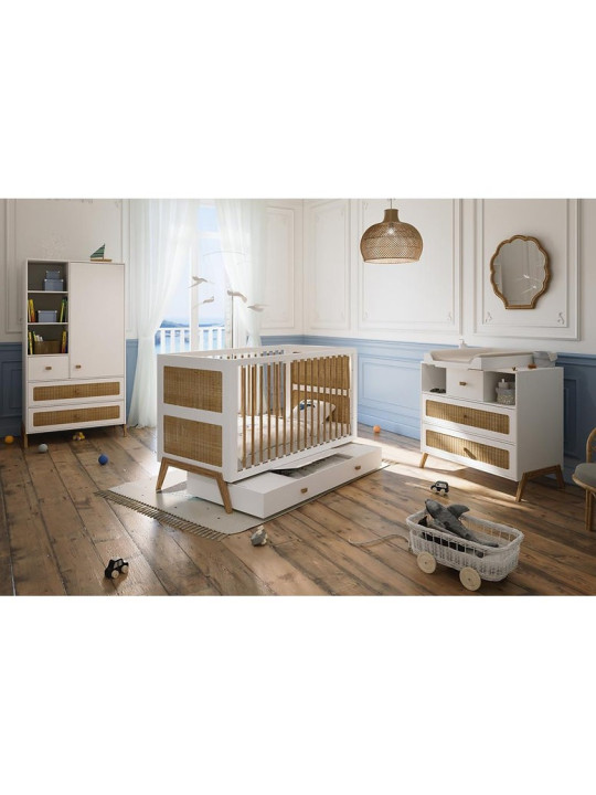 Children's chest of drawers with changing table in rattan with solid wood details model Marélia by Théo Bébé