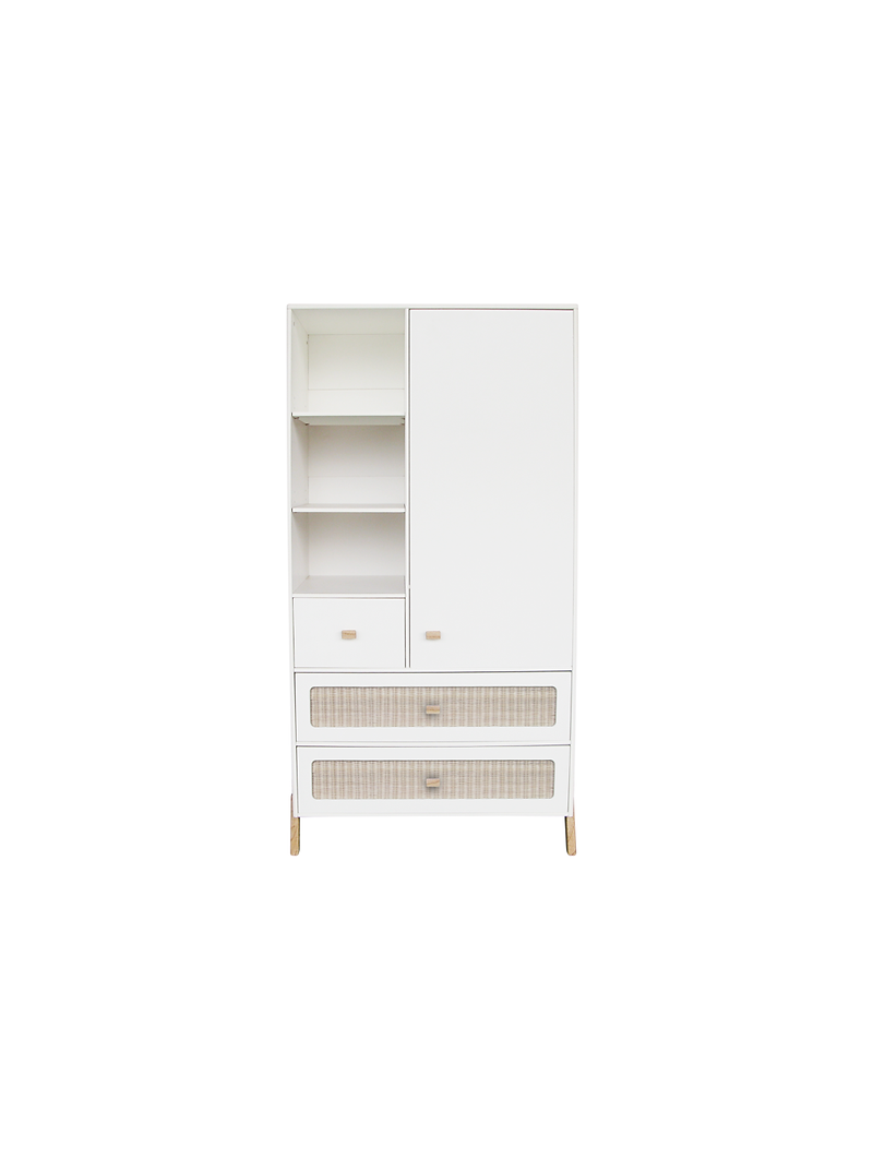 White wooden wardrobe for children bedrooms with legs in solid white cedar and rattan - Théo Bébé