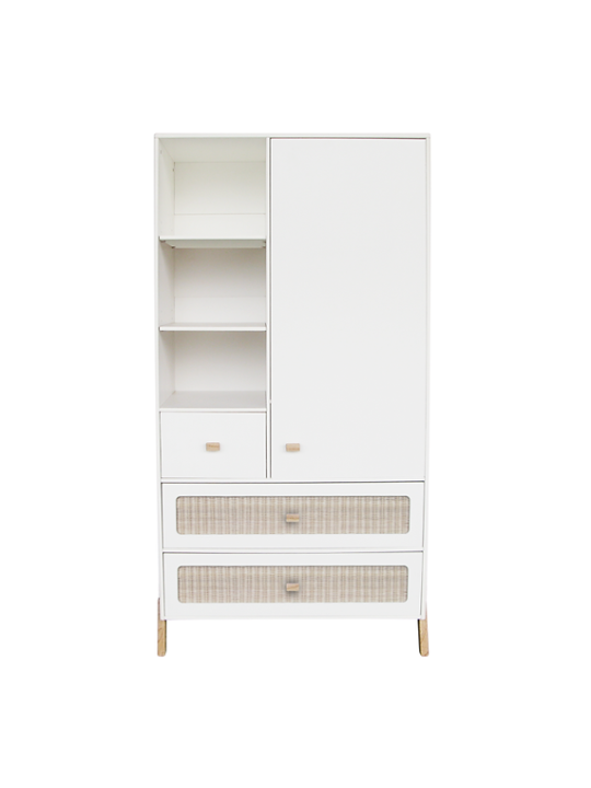 White wooden wardrobe for children bedrooms with legs in solid white cedar and rattan - Théo Bébé