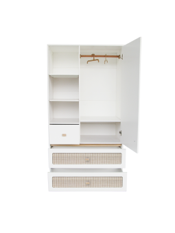 White wooden wardrobe for children bedrooms with legs in solid white cedar and rattan - Théo Bébé