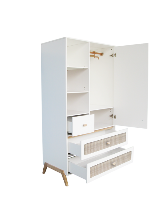 White wooden wardrobe for children bedrooms with legs in solid white cedar and rattan - Théo Bébé