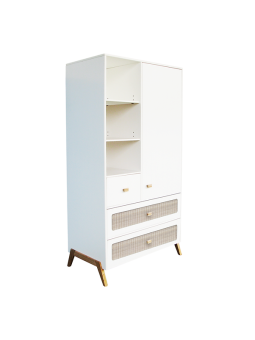 White wooden wardrobe for children bedrooms with legs in solid white cedar and rattan - Théo Bébé
