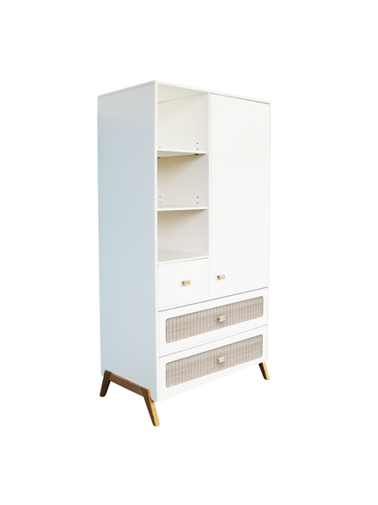 White wooden wardrobe for children bedrooms with legs in solid white cedar and rattan - Théo Bébé