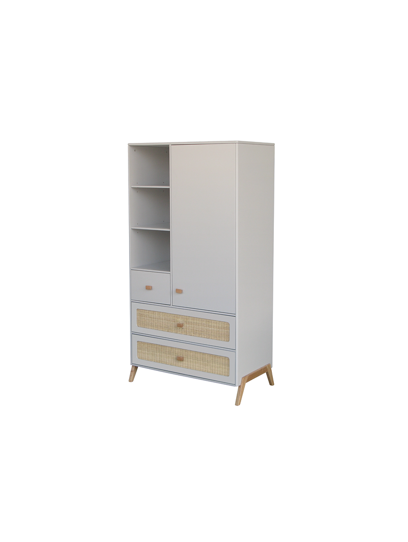 Armadio per bambini e camerette in legno grigio e rattan intrecciato con gambe in legno di cedro bianco massello - Théo Bébé