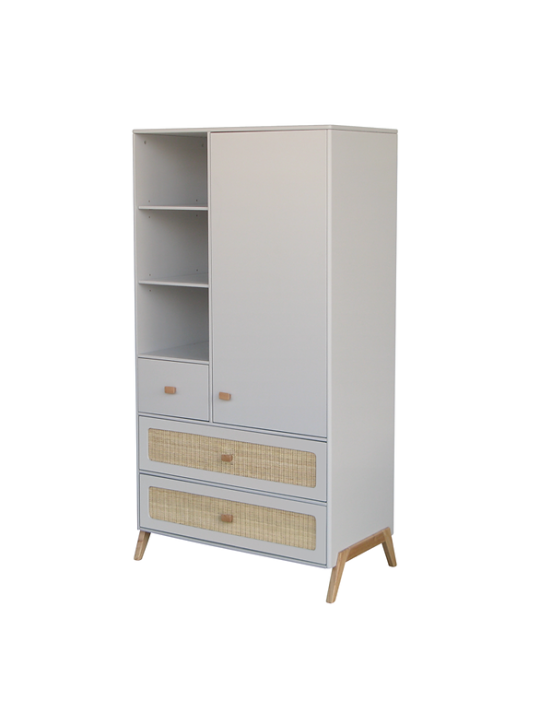 Armadio per bambini e camerette in legno grigio e rattan intrecciato con gambe in legno di cedro bianco massello - Théo Bébé