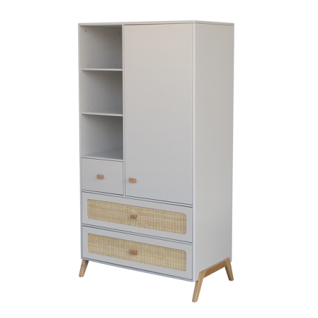 White wooden wardrobe for children bedrooms with legs in solid white cedar and rattan - Théo Bébé