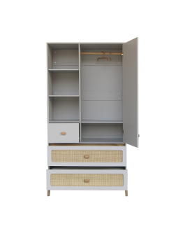 White wooden wardrobe for children bedrooms with legs in solid white cedar and rattan - Théo Bébé