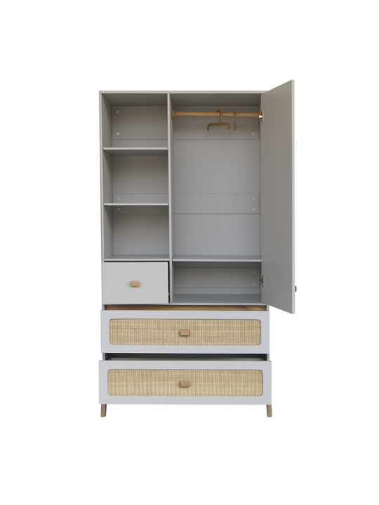 White wooden wardrobe for children bedrooms with legs in solid white cedar and rattan - Théo Bébé