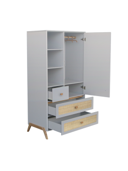 White wooden wardrobe for children bedrooms with legs in solid white cedar and rattan - Théo Bébé