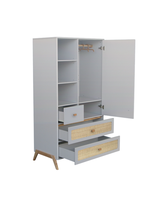 White wooden wardrobe for children bedrooms with legs in solid white cedar and rattan - Théo Bébé