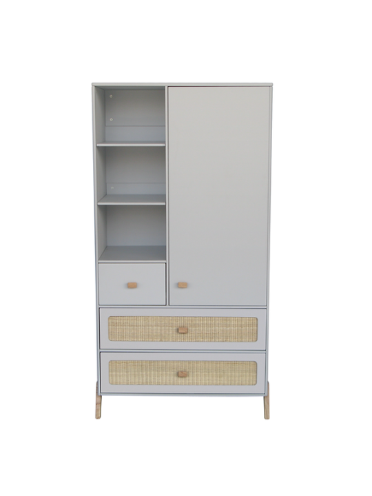 White wooden wardrobe for children bedrooms with legs in solid white cedar and rattan - Théo Bébé