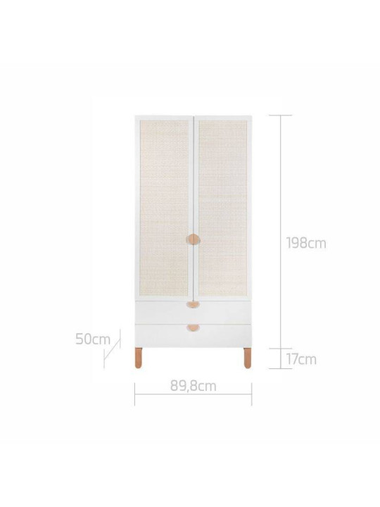 2-Door Wardrobe for children's bedroom in White MDF and Rattan exotic colonial style - Ratata by BellAmy