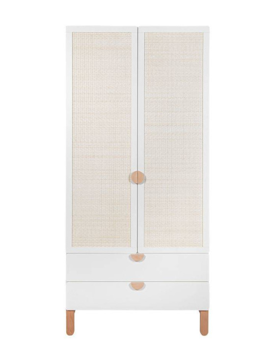 2-Door Wardrobe for children's bedroom in White MDF and Rattan exotic colonial style - Ratata by BellAmy