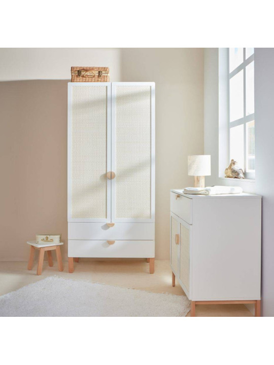 Armadio Guardaroba a 2 ante o per la cameretta dei Bambini in MDF Bianco e Rattan stile coloniale esotico - Ratata by BellAmy