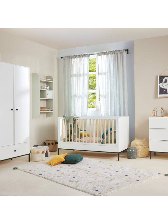 Culla trasformabile in lettino 70x140 per la cameretta dei Bambini in MDF Bianco e accessori in metallo nero - Lumi by BellAmy