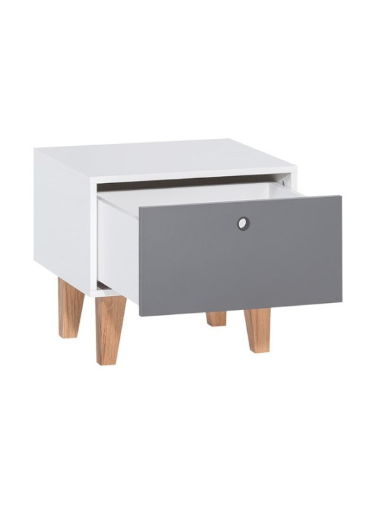 Bedside table for children's room in white wood and gray drawer with soft close, solid oak legs