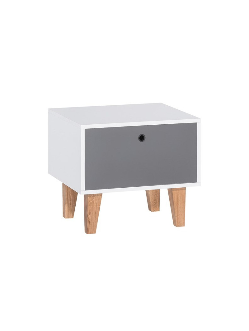 Bedside table for children's room in white wood and gray drawer with soft close, solid oak legs
