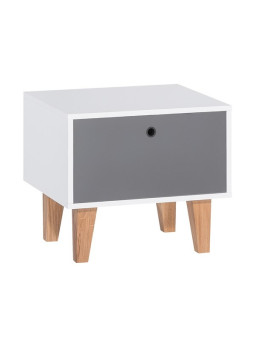 Comodino per la cameretta dei bambini in legno bianco e cassetto grigio con chiusura ammortizzata, gambe il rovere massello