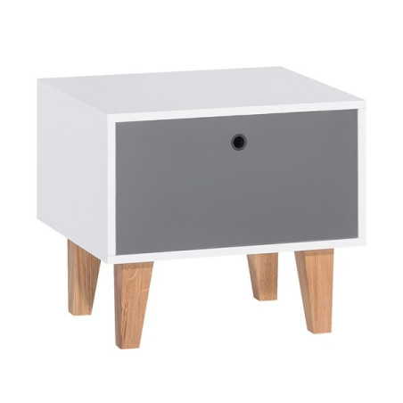 Bedside table for children's room in white wood and gray drawer with soft close, solid oak legs