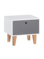 Bedside table for children's room in white wood and gray drawer with soft close, solid oak legs