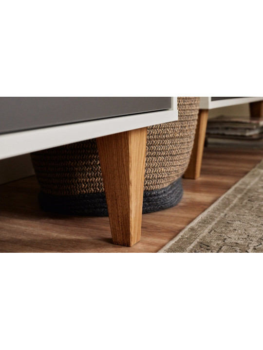 Bedside table for children's room in white wood and gray drawer with soft close, solid oak legs