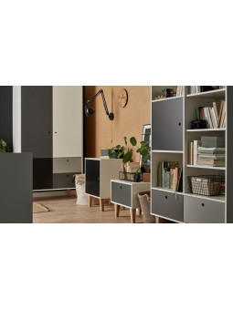 Bedside table for children's room in white wood and gray drawer with soft close, solid oak legs