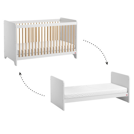 Culla per neonati trasformabile in lettino montessoriano per bambini 70x140 in legno bianco e rovere collezione Leaf di VOX